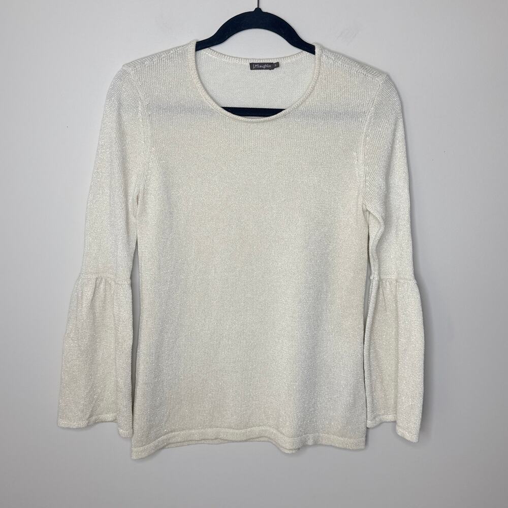 J. McLaughlin Small Gold Sparkle Bell Sleeve Sweater Designer Holiday Metallic